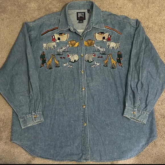 Vintage 90s Denim Noahs Ark Embroidered Button Down Shirt Women’s Plus Size 24 - Picture 1 of 5